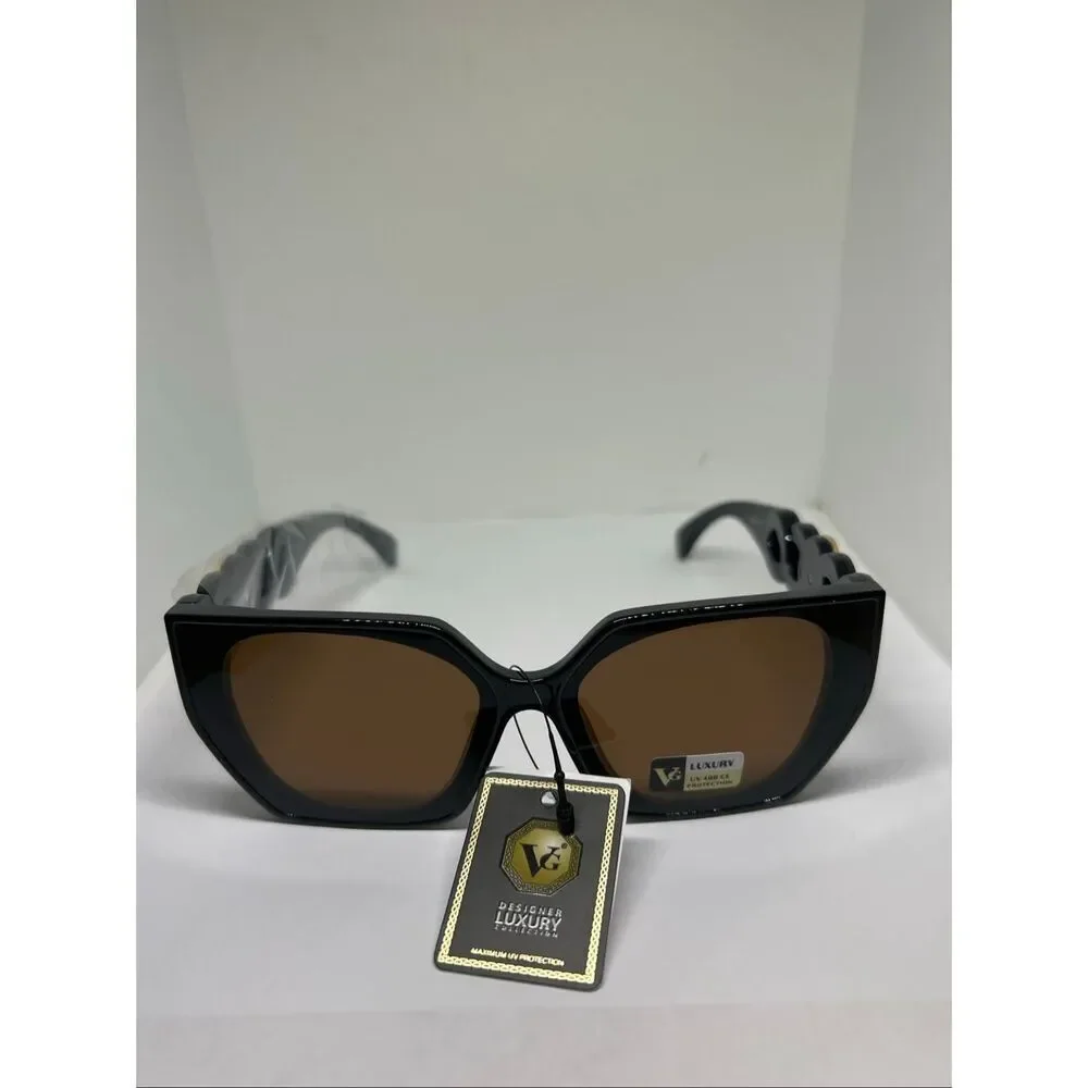 Oversized Black Sunglasses Gold Medallion Chain Arm UV400 Glam Chic